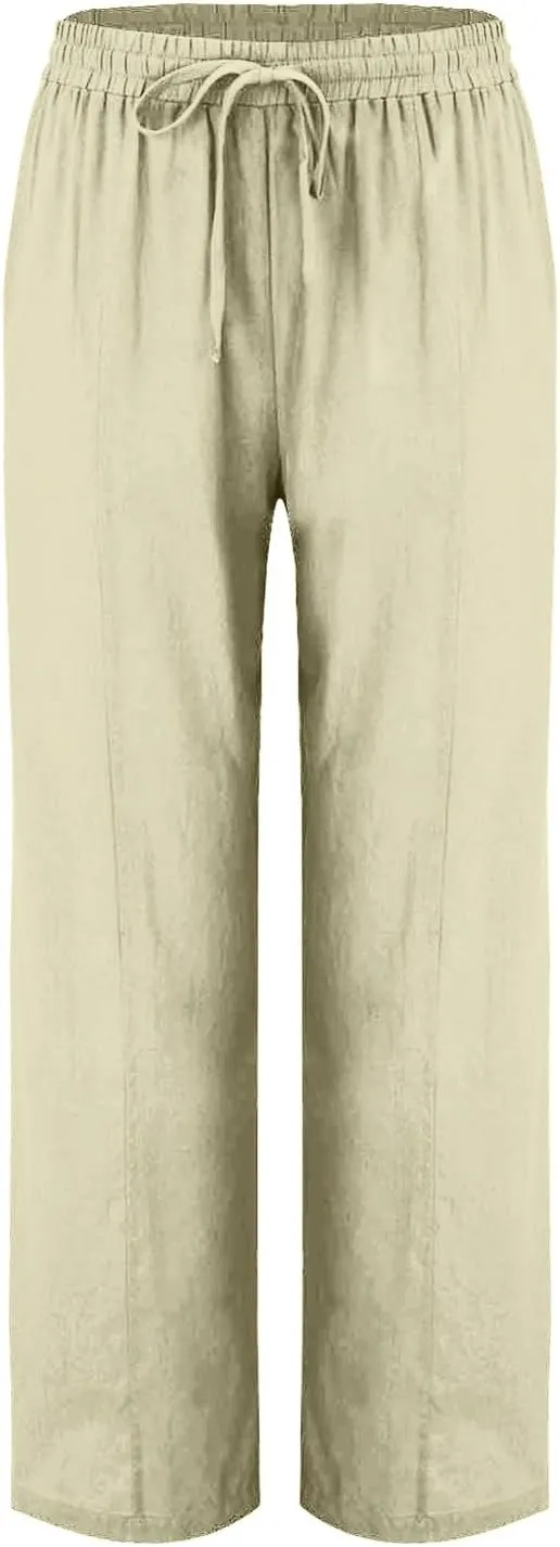 Flowy Linen Pants for Women Casual Solid Color Straight Leg Pants Summer Comfort Drawstring Trousers 2025