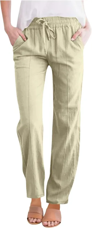 Flowy Linen Pants for Women Casual Solid Color Straight Leg Pants Summer Comfort Drawstring Trousers 2025