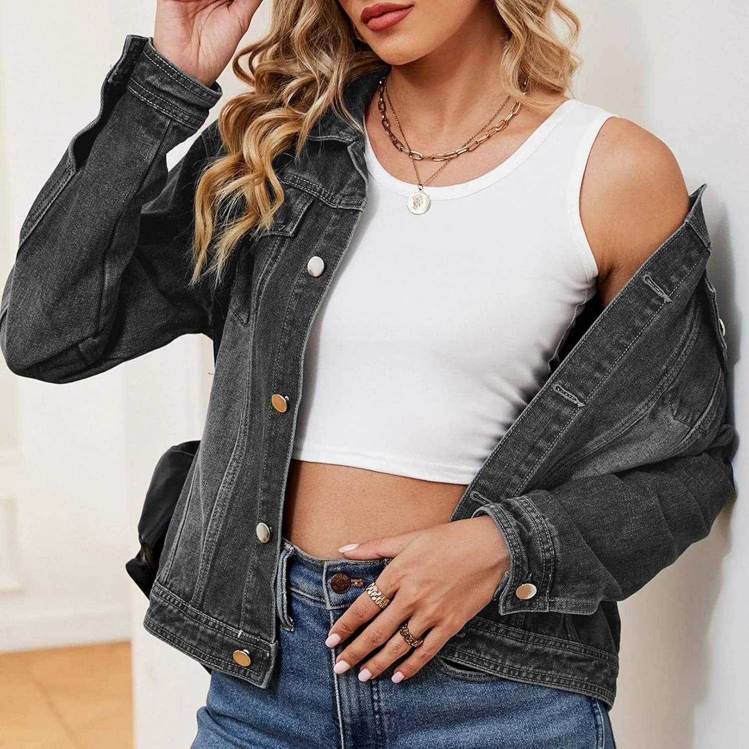 Flygo Women's Denim Jacket Washed Distressed Jean Jackets Button Down Cropped Trucker Jacket with Pockets