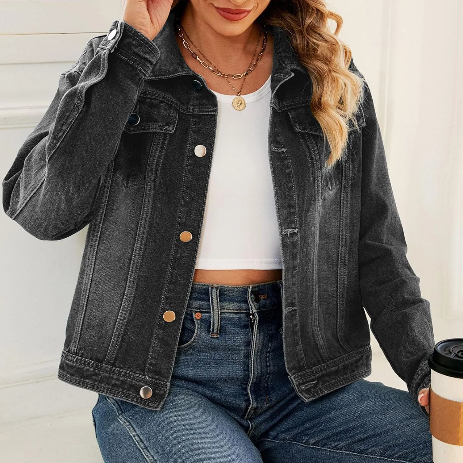 Flygo Women's Denim Jacket Washed Distressed Jean Jackets Button Down Cropped Trucker Jacket with Pockets