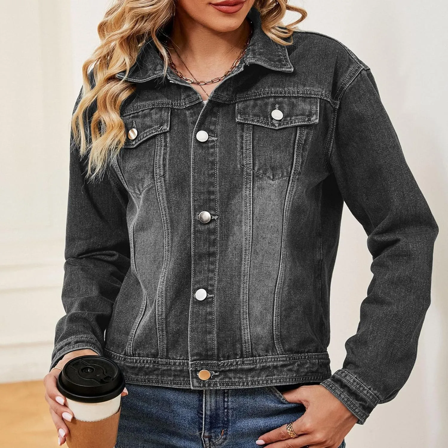 Flygo Women's Denim Jacket Washed Distressed Jean Jackets Button Down Cropped Trucker Jacket with Pockets