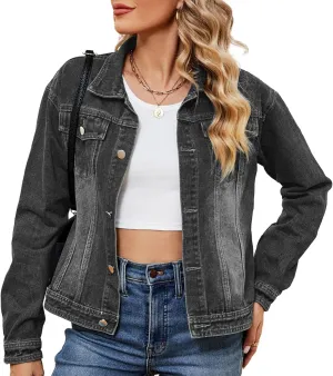 Flygo Women's Denim Jacket Washed Distressed Jean Jackets Button Down Cropped Trucker Jacket with Pockets