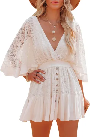 Flygo Women's V Neck Wrap Crochet Lace Dress Batwing Sleeve Backless Ruffle Mini Dress
