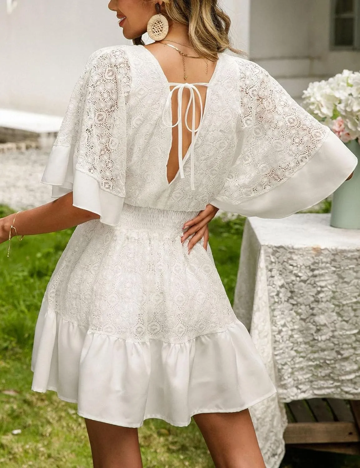 Flygo Women's V Neck Wrap Crochet Lace Dress Batwing Sleeve Backless Ruffle Mini Dress