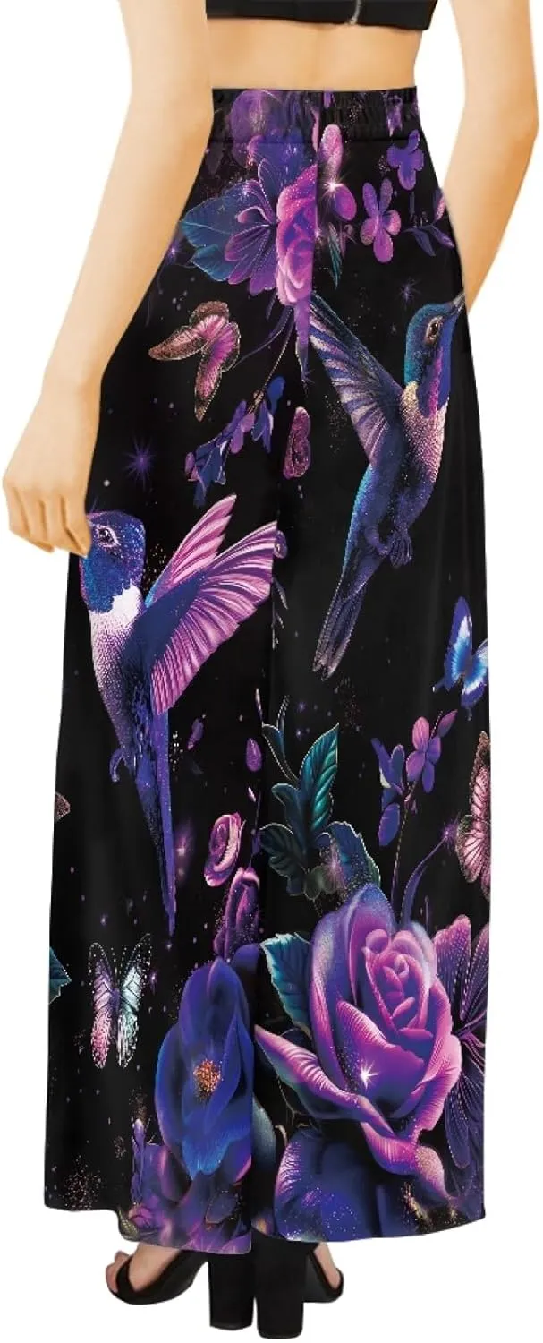 Forchrinse Pink Plum Blossom Womens Wide Leg Pants High Waist Long Palazzo Pants Floral Flared Lounge Pants Plus Size