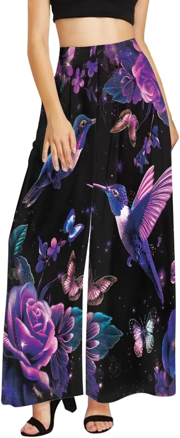 Forchrinse Pink Plum Blossom Womens Wide Leg Pants High Waist Long Palazzo Pants Floral Flared Lounge Pants Plus Size