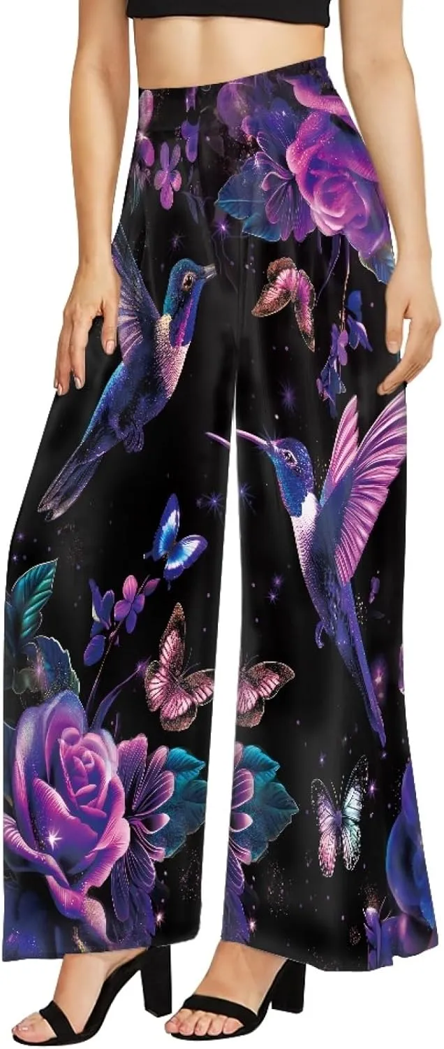 Forchrinse Pink Plum Blossom Womens Wide Leg Pants High Waist Long Palazzo Pants Floral Flared Lounge Pants Plus Size