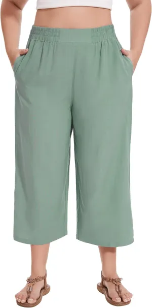 FOREYOND Plus Size Linen Capris Pants Wide Leg Pants Loose Fit Yoga Pants with Pockets Travel Casual 1XL-5XL