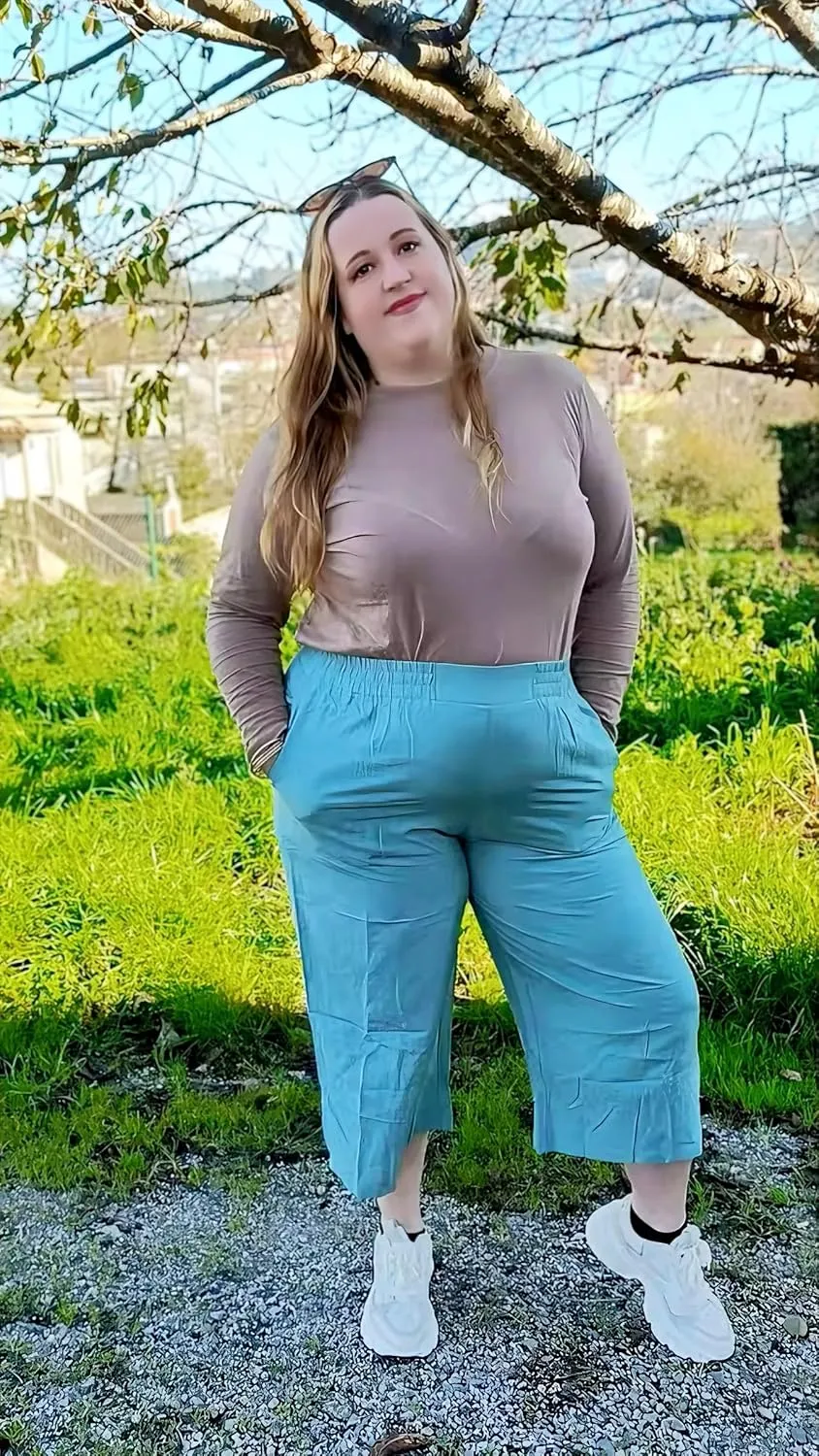 FOREYOND Plus Size Linen Capris Pants Wide Leg Pants Loose Fit Yoga Pants with Pockets Travel Casual 1XL-5XL
