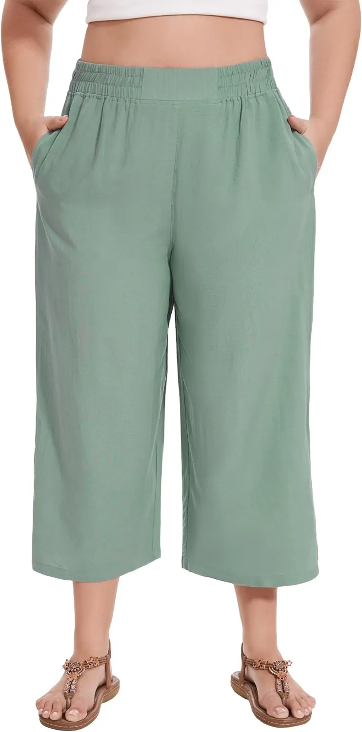 FOREYOND Plus Size Linen Capris Pants Wide Leg Pants Loose Fit Yoga Pants with Pockets Travel Casual 1XL-5XL