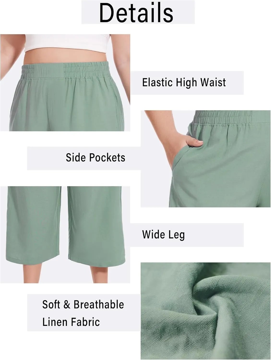 FOREYOND Plus Size Linen Capris Pants Wide Leg Pants Loose Fit Yoga Pants with Pockets Travel Casual 1XL-5XL