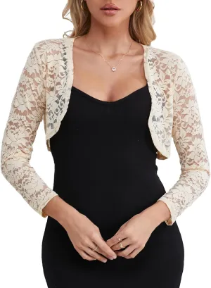 Fuinloth Women's Lace Shrugs, 3/4 Sleeve Bolero Sheer Floral Top Cardigan