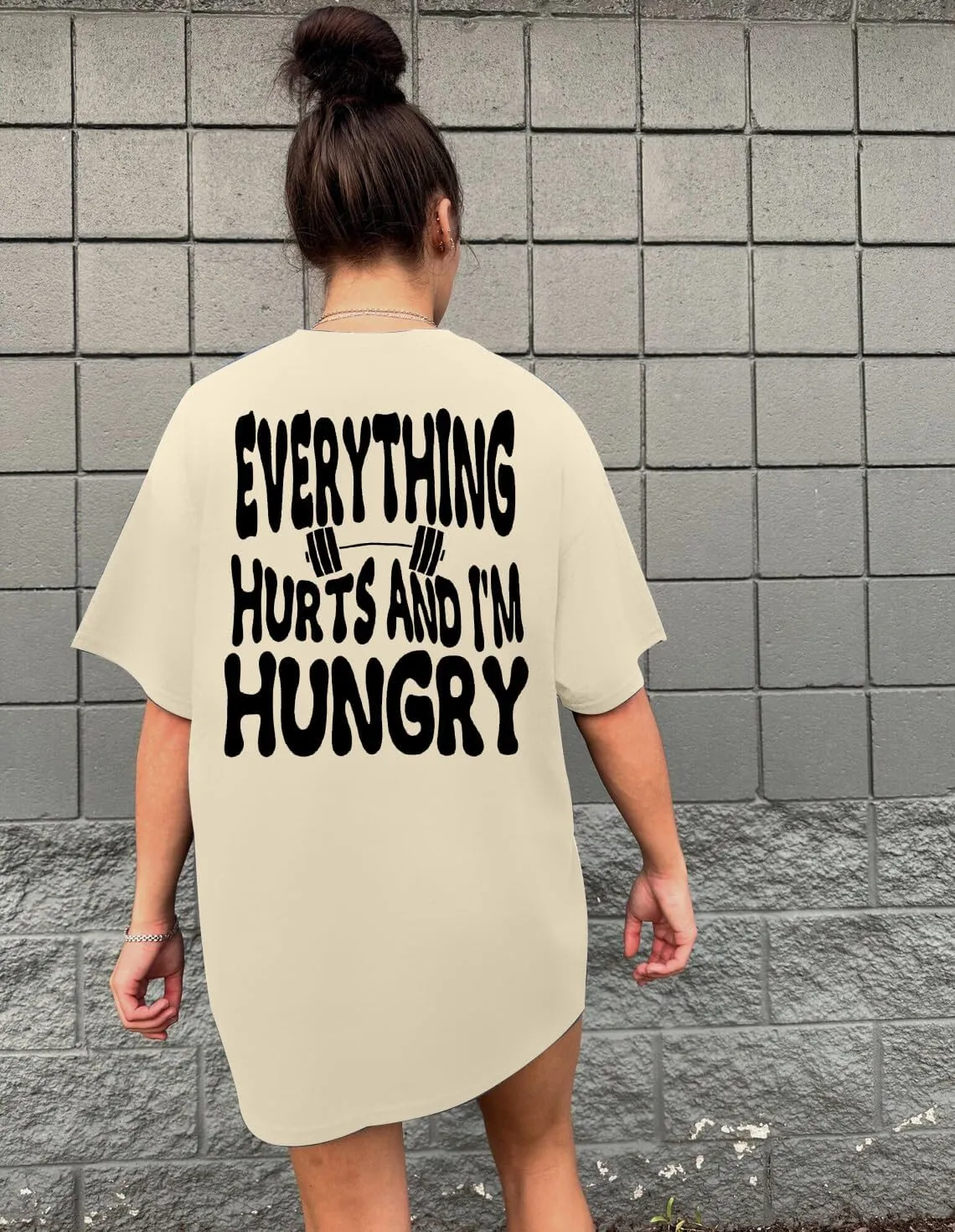 Funny Workout Shirts Women Oversized Gym Weightlifting Graphic Tshirt Everything Hurts and I'm Hungry Tee Tops