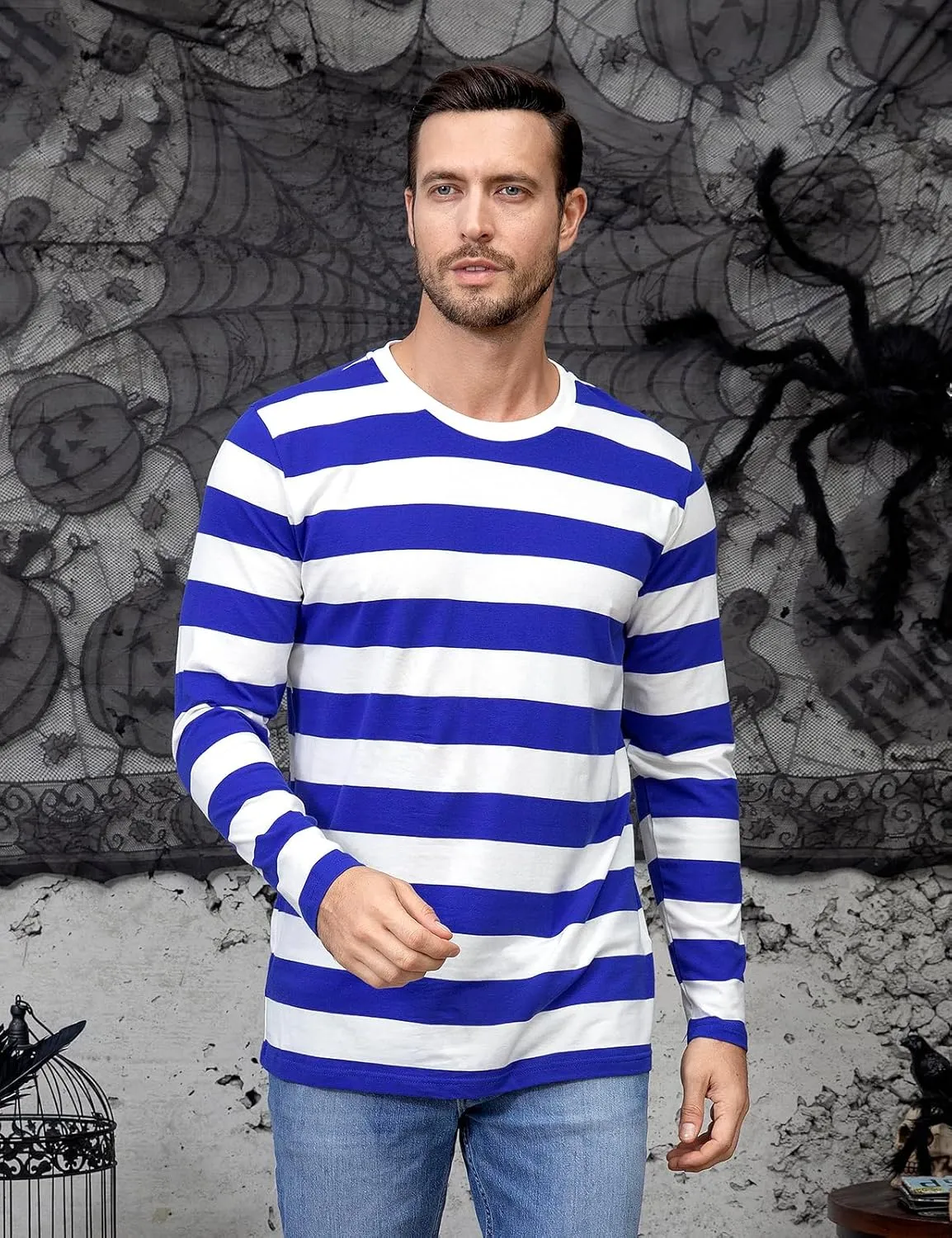 Funny World Men's Striped T-Shirt Crewneck Long Sleeves Basic Casual Top