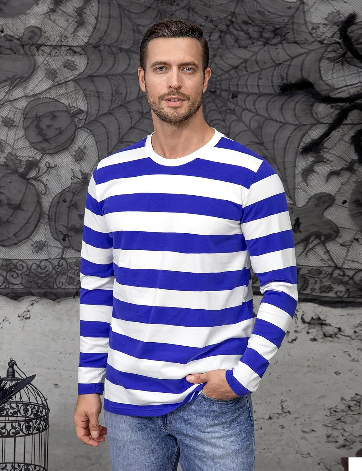 Funny World Men's Striped T-Shirt Crewneck Long Sleeves Basic Casual Top