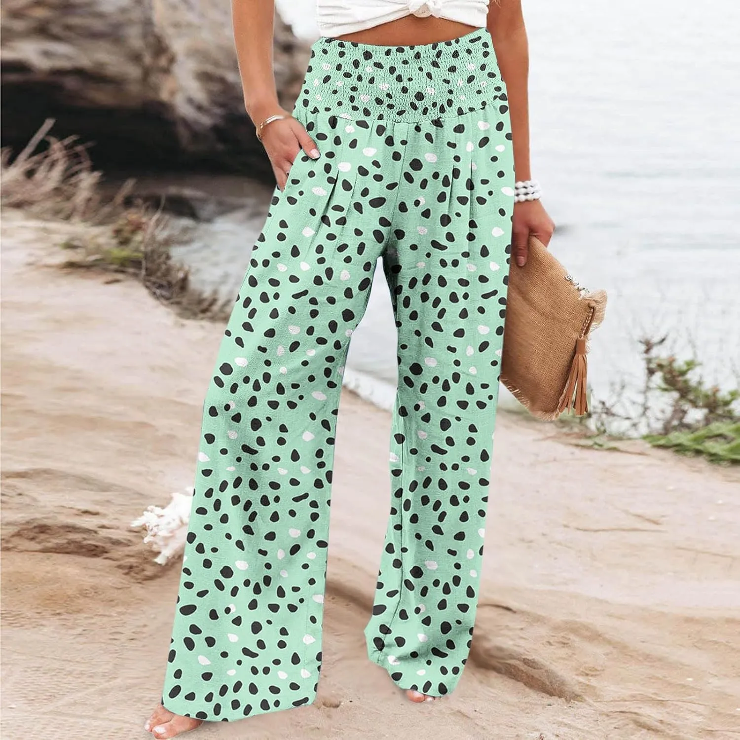 FZYLQY Wide Leg Pants for Women Dressy Button High Waisted Business Pants Summer Casual Work Beach Pants Trousers with Pocket