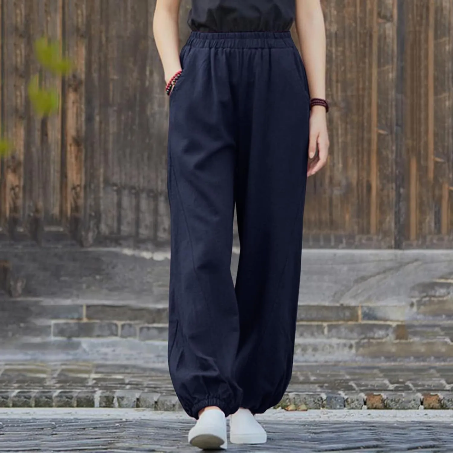 FZYLQY Women Casual Loose Linen Pants Straight Leg Elastic High Waist Parachute Pants Daily Hiking Workout Athletic Trousers