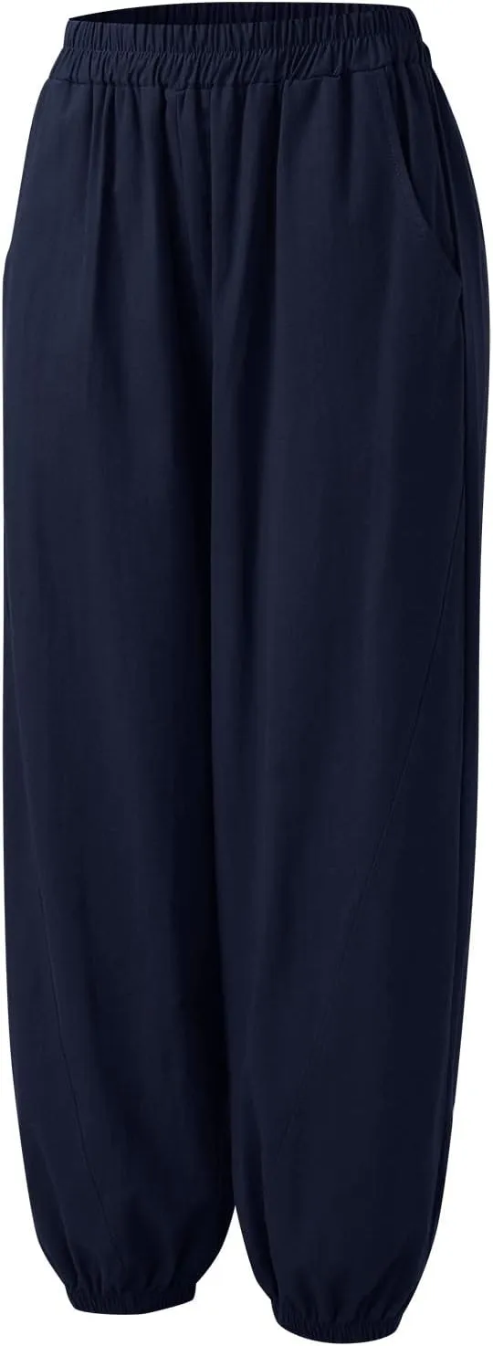 FZYLQY Women Casual Loose Linen Pants Straight Leg Elastic High Waist Parachute Pants Daily Hiking Workout Athletic Trousers