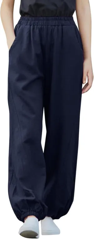 FZYLQY Women Casual Loose Linen Pants Straight Leg Elastic High Waist Parachute Pants Daily Hiking Workout Athletic Trousers