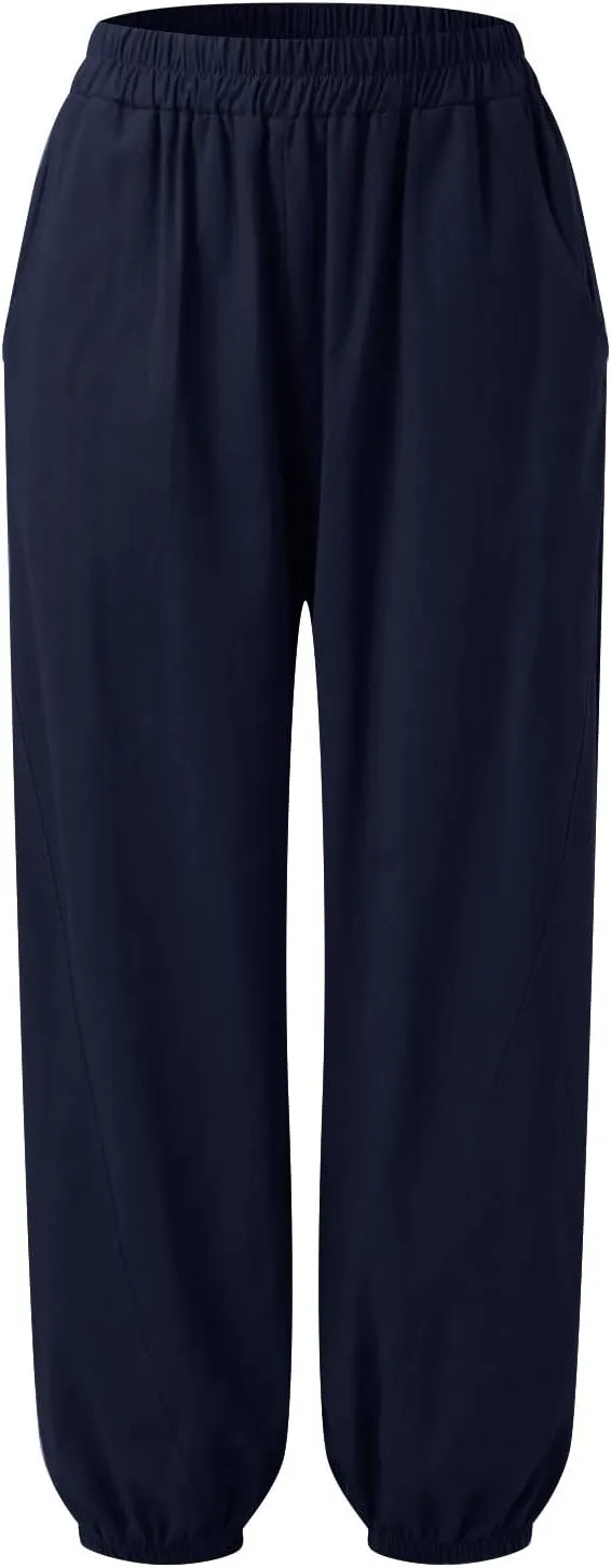 FZYLQY Women Casual Loose Linen Pants Straight Leg Elastic High Waist Parachute Pants Daily Hiking Workout Athletic Trousers
