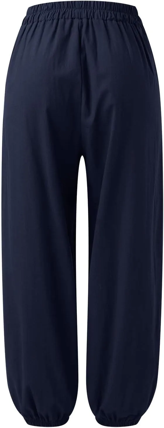 FZYLQY Women Casual Loose Linen Pants Straight Leg Elastic High Waist Parachute Pants Daily Hiking Workout Athletic Trousers