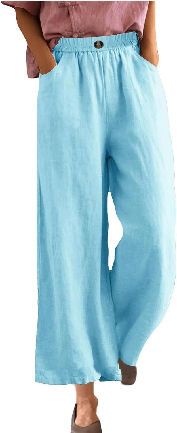 FZYLQY Womens Cotton Linen Pants Solid Button Elastic Waist Casual Wide Leg Trousers Loose Lightweight Comfy Lounge Pants