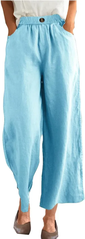 FZYLQY Womens Cotton Linen Pants Solid Button Elastic Waist Casual Wide Leg Trousers Loose Lightweight Comfy Lounge Pants