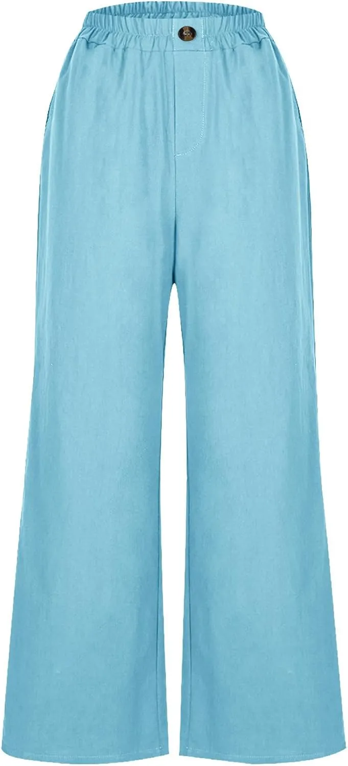 FZYLQY Womens Cotton Linen Pants Solid Button Elastic Waist Casual Wide Leg Trousers Loose Lightweight Comfy Lounge Pants