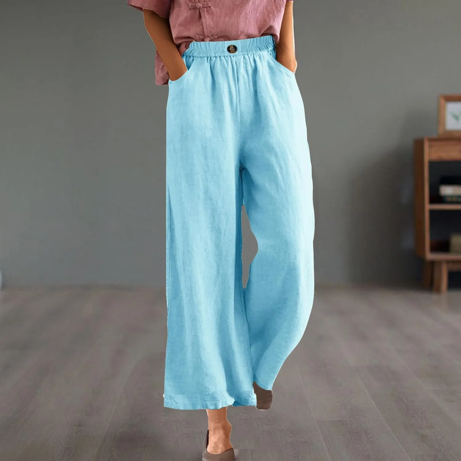 FZYLQY Womens Cotton Linen Pants Solid Button Elastic Waist Casual Wide Leg Trousers Loose Lightweight Comfy Lounge Pants