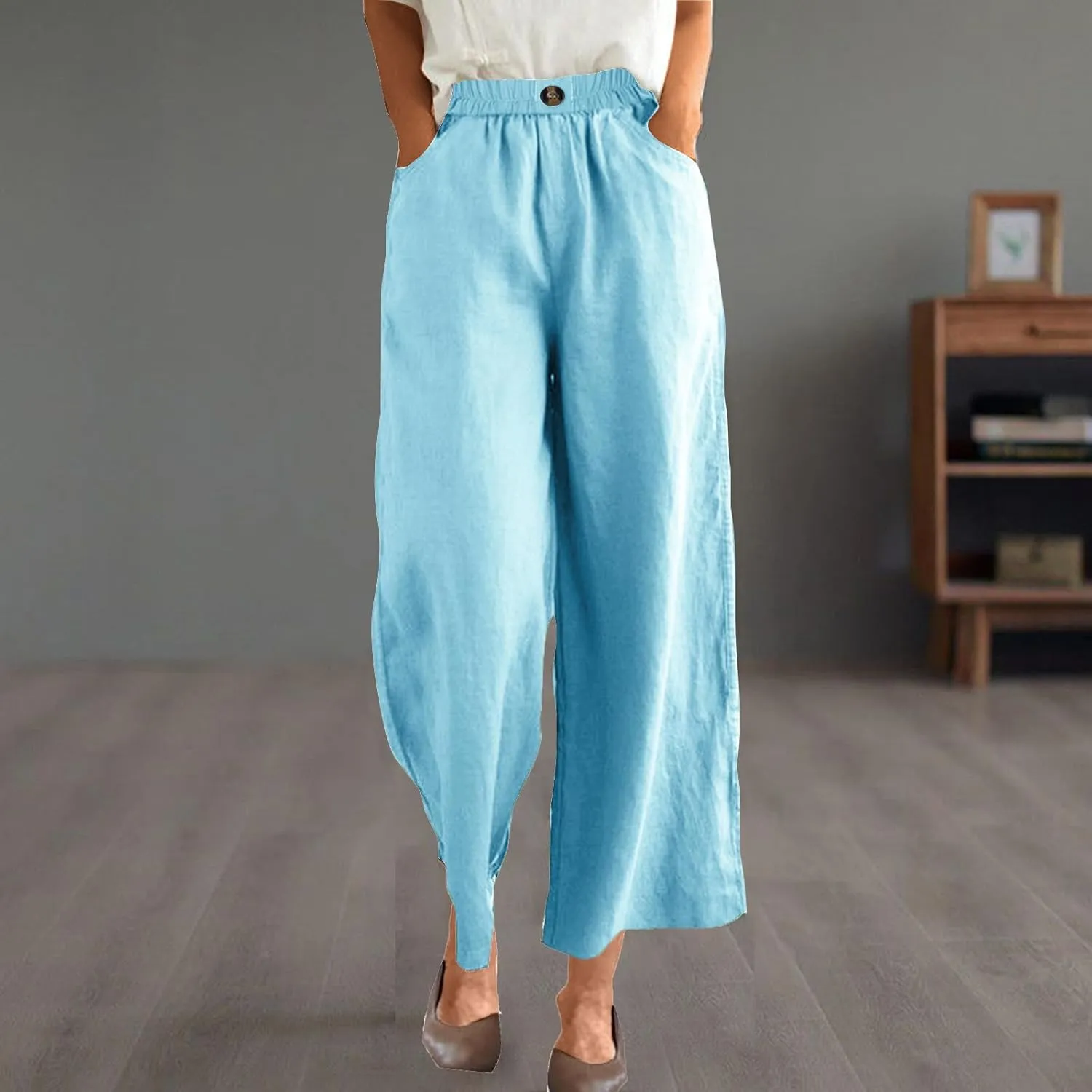FZYLQY Womens Cotton Linen Pants Solid Button Elastic Waist Casual Wide Leg Trousers Loose Lightweight Comfy Lounge Pants