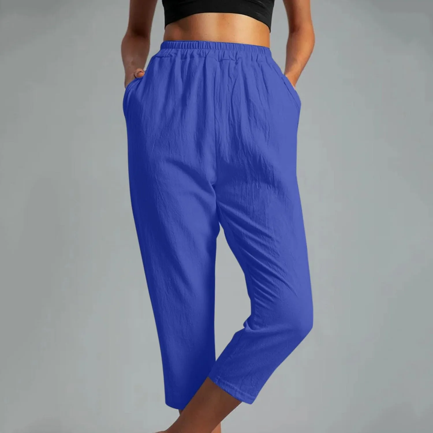 FZYLQY Womens High Waist Elastic Waist Pants Cotton Linen Summer Pants Ankle Length Comfy Trousers Boho Travel Clothes