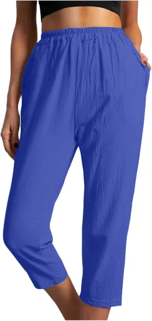 FZYLQY Womens High Waist Elastic Waist Pants Cotton Linen Summer Pants Ankle Length Comfy Trousers Boho Travel Clothes