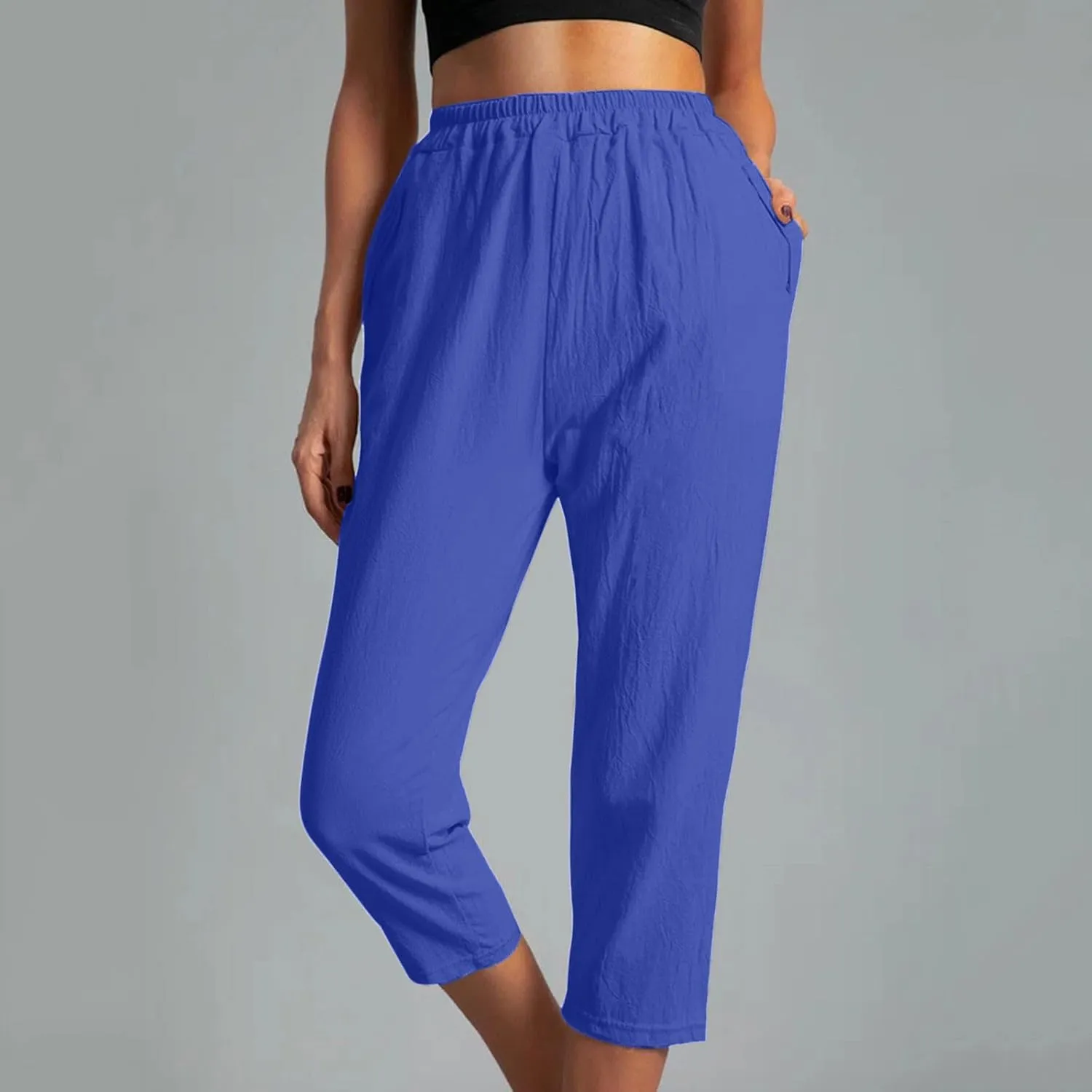 FZYLQY Womens High Waist Elastic Waist Pants Cotton Linen Summer Pants Ankle Length Comfy Trousers Boho Travel Clothes