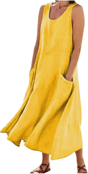 FZYLQY Women's Summer Cotton Linen Long Dress Sleeveless Elegant Flowy Sundresses for Women Loose Comfy Dress with Pockets