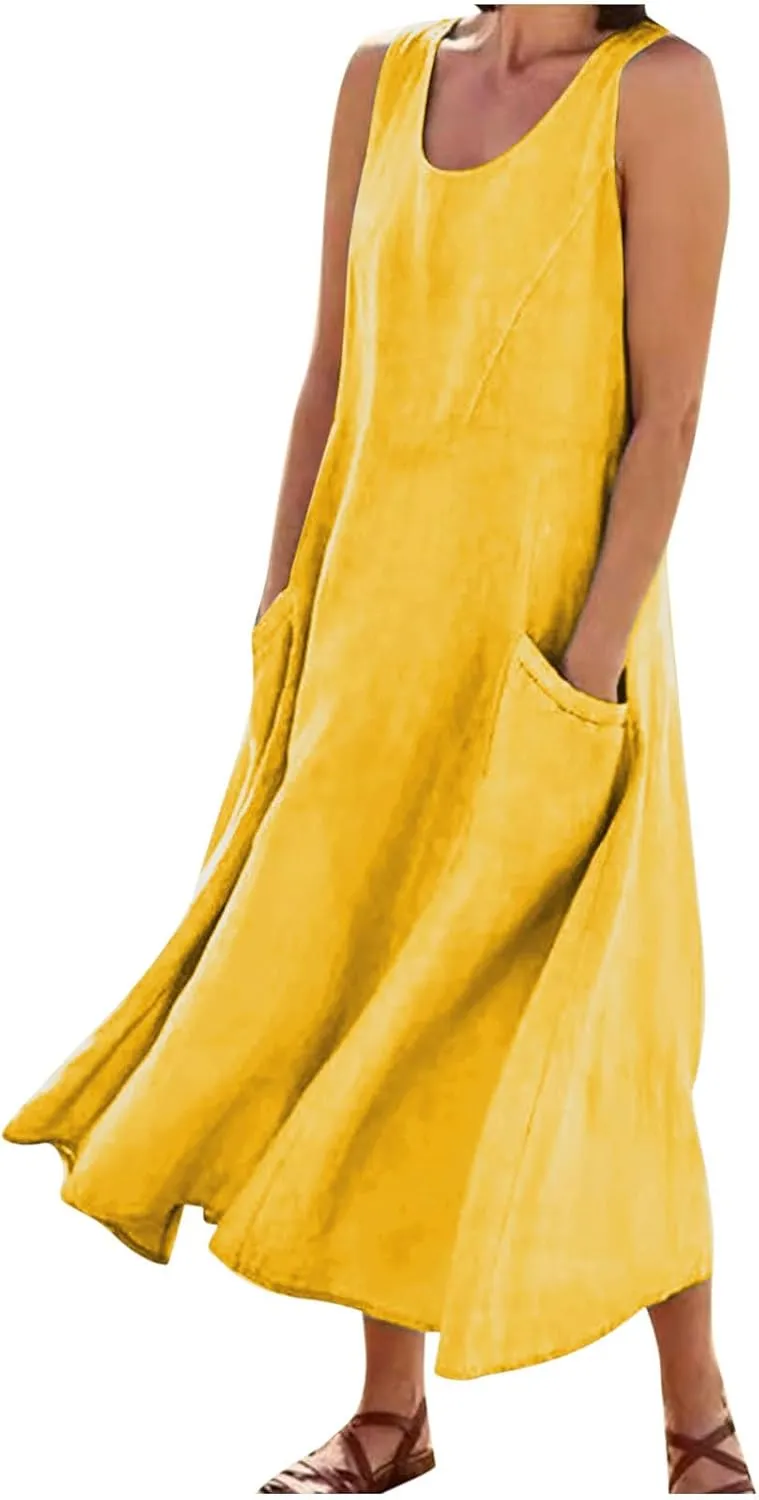 FZYLQY Women's Summer Cotton Linen Long Dress Sleeveless Elegant Flowy Sundresses for Women Loose Comfy Dress with Pockets