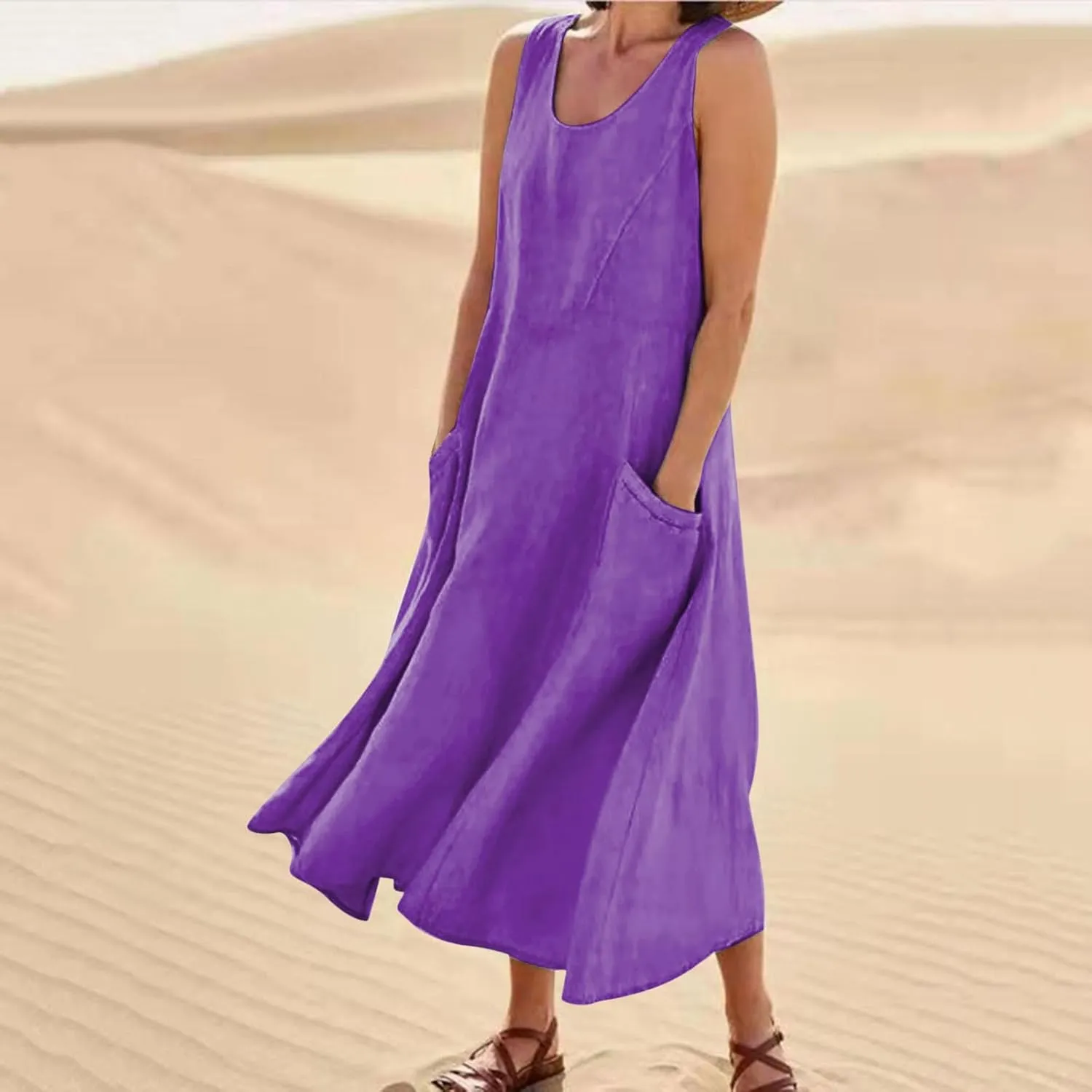 FZYLQY Women's Summer Cotton Linen Long Dress Sleeveless Elegant Flowy Sundresses for Women Loose Comfy Dress with Pockets