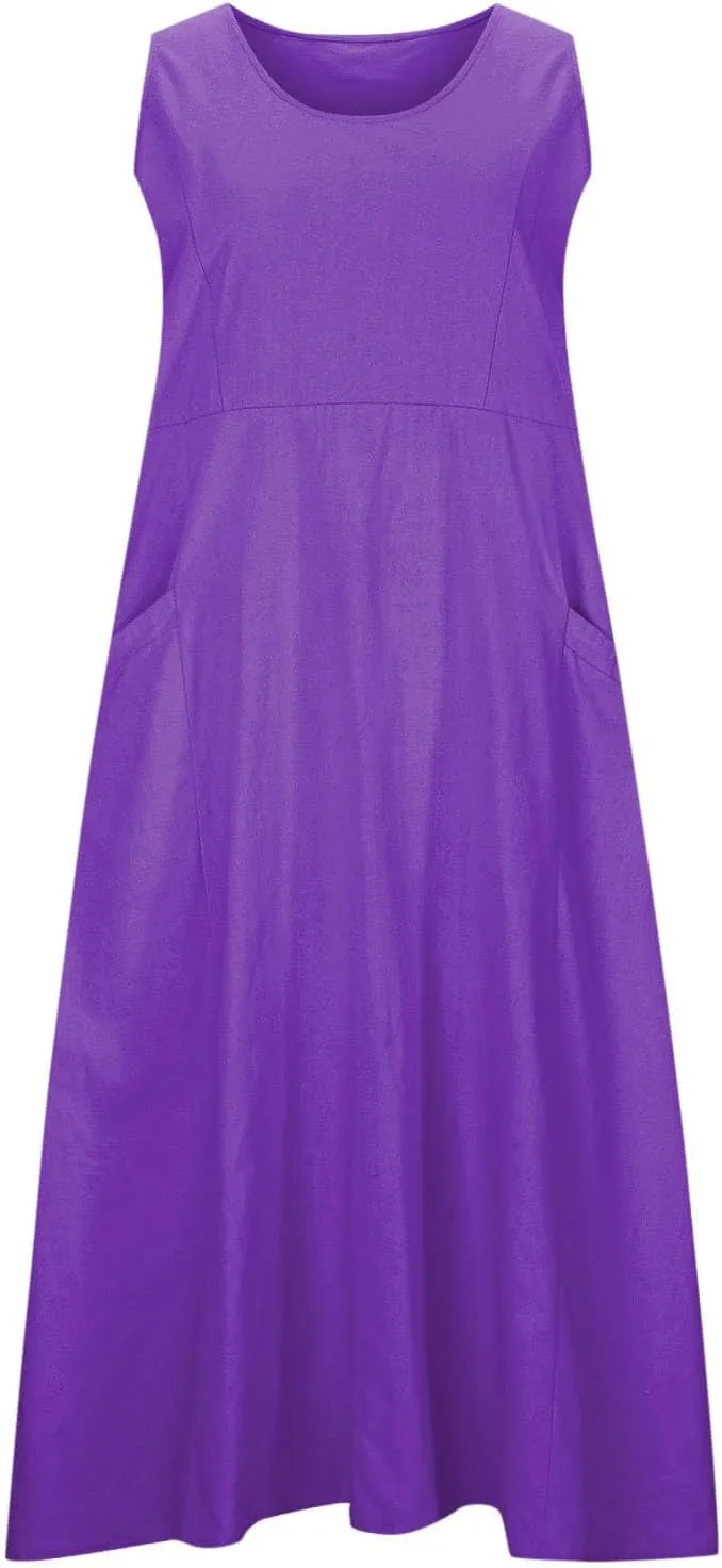 FZYLQY Women's Summer Cotton Linen Long Dress Sleeveless Elegant Flowy Sundresses for Women Loose Comfy Dress with Pockets