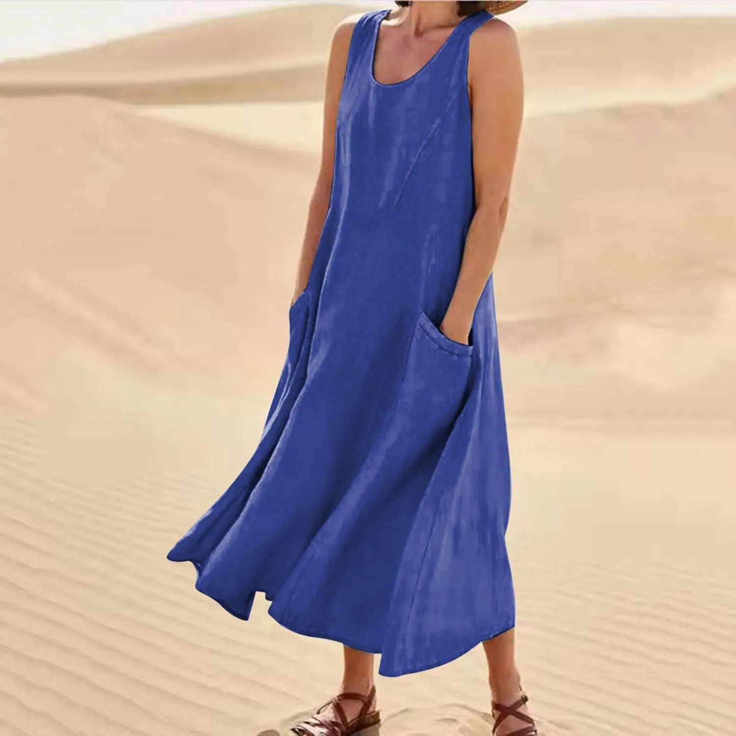 FZYLQY Women's Summer Cotton Linen Long Dress Sleeveless Elegant Flowy Sundresses for Women Loose Comfy Dress with Pockets