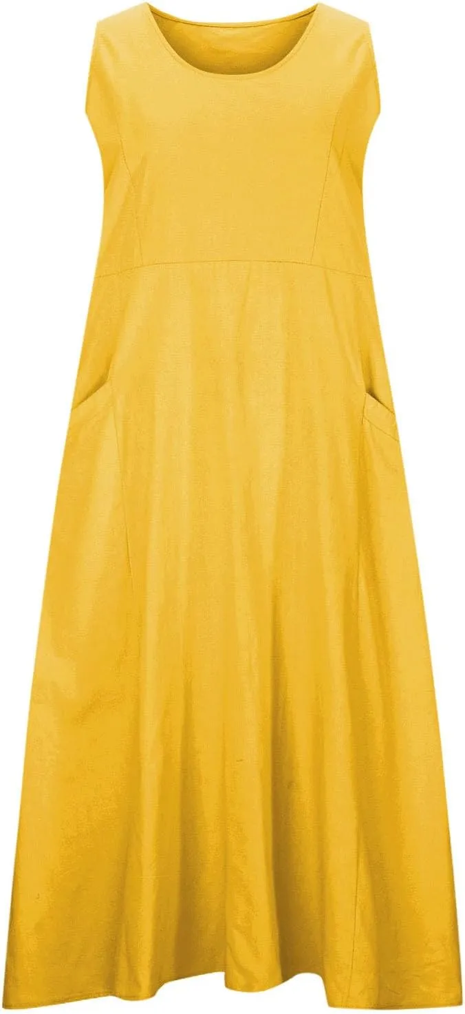 FZYLQY Women's Summer Cotton Linen Long Dress Sleeveless Elegant Flowy Sundresses for Women Loose Comfy Dress with Pockets