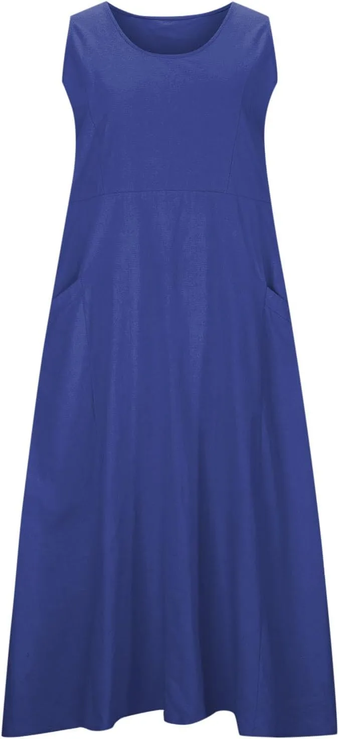 FZYLQY Women's Summer Cotton Linen Long Dress Sleeveless Elegant Flowy Sundresses for Women Loose Comfy Dress with Pockets