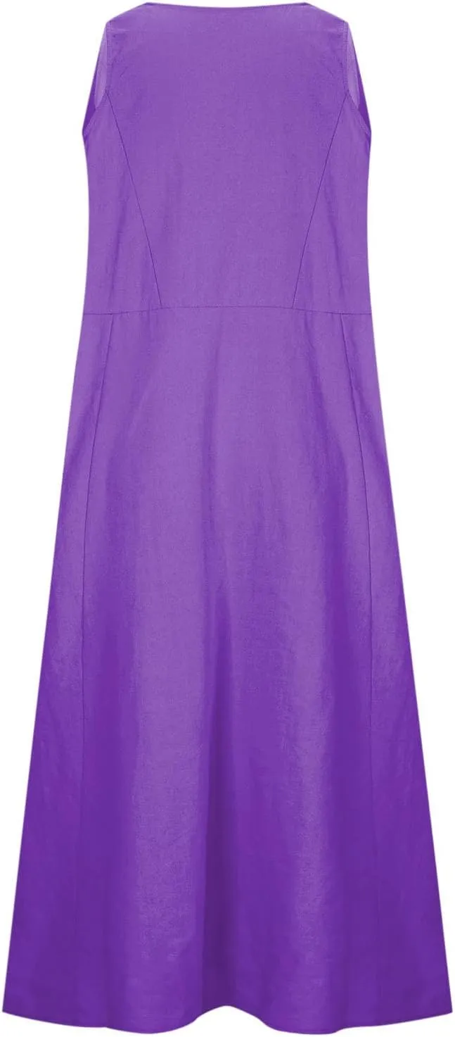 FZYLQY Women's Summer Cotton Linen Long Dress Sleeveless Elegant Flowy Sundresses for Women Loose Comfy Dress with Pockets