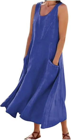 FZYLQY Women's Summer Cotton Linen Long Dress Sleeveless Elegant Flowy Sundresses for Women Loose Comfy Dress with Pockets