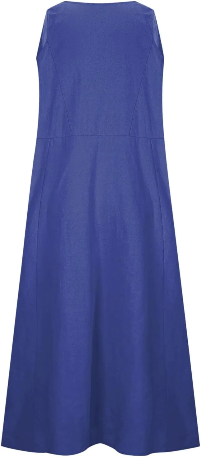FZYLQY Women's Summer Cotton Linen Long Dress Sleeveless Elegant Flowy Sundresses for Women Loose Comfy Dress with Pockets