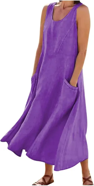 FZYLQY Women's Summer Cotton Linen Long Dress Sleeveless Elegant Flowy Sundresses for Women Loose Comfy Dress with Pockets