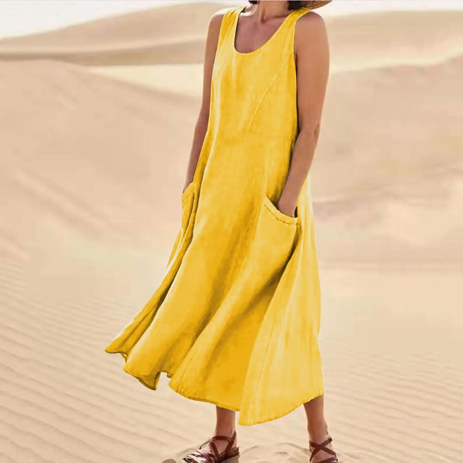 FZYLQY Women's Summer Cotton Linen Long Dress Sleeveless Elegant Flowy Sundresses for Women Loose Comfy Dress with Pockets