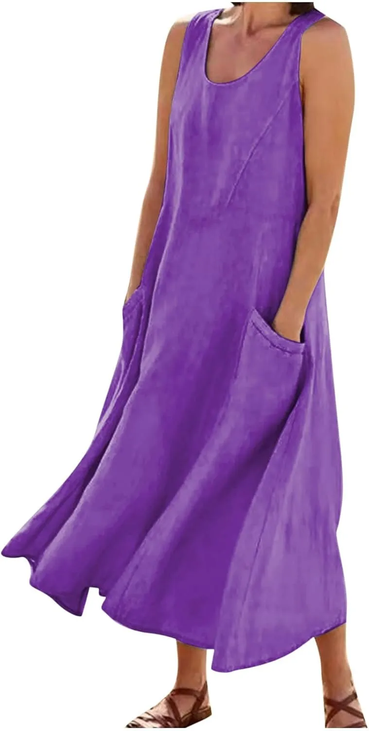 FZYLQY Women's Summer Cotton Linen Long Dress Sleeveless Elegant Flowy Sundresses for Women Loose Comfy Dress with Pockets