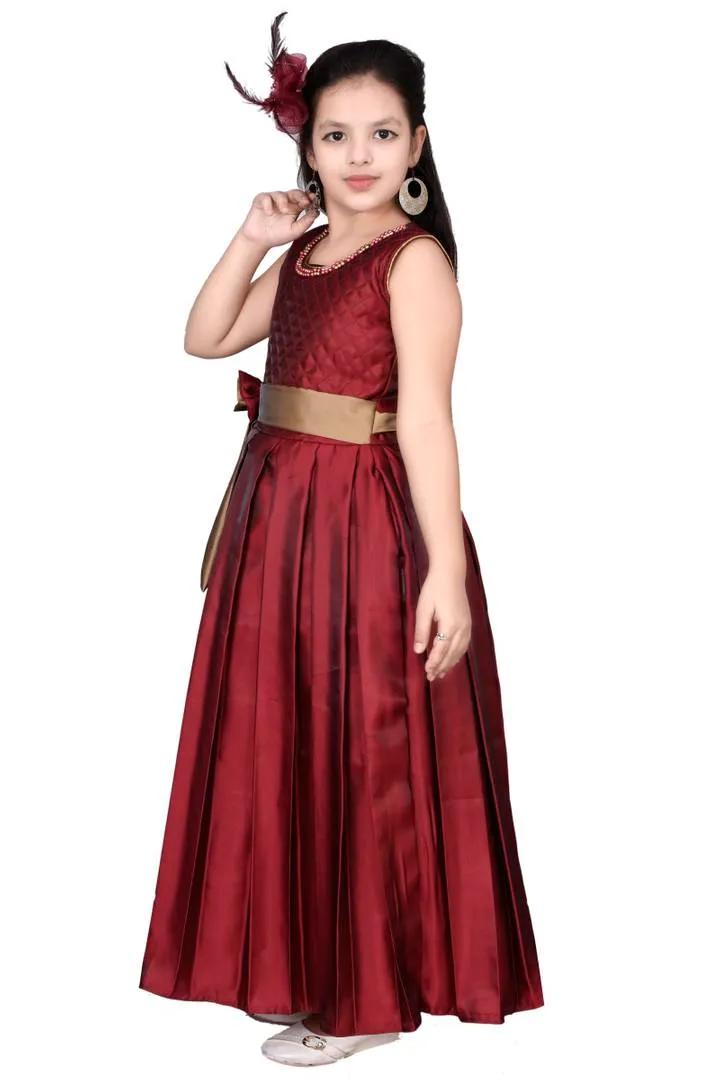 Girls Solid Maroon Silk Blend Frocks