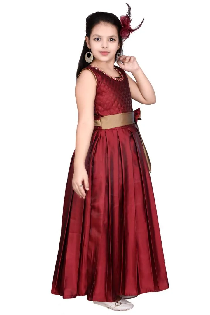 Girls Solid Maroon Silk Blend Frocks