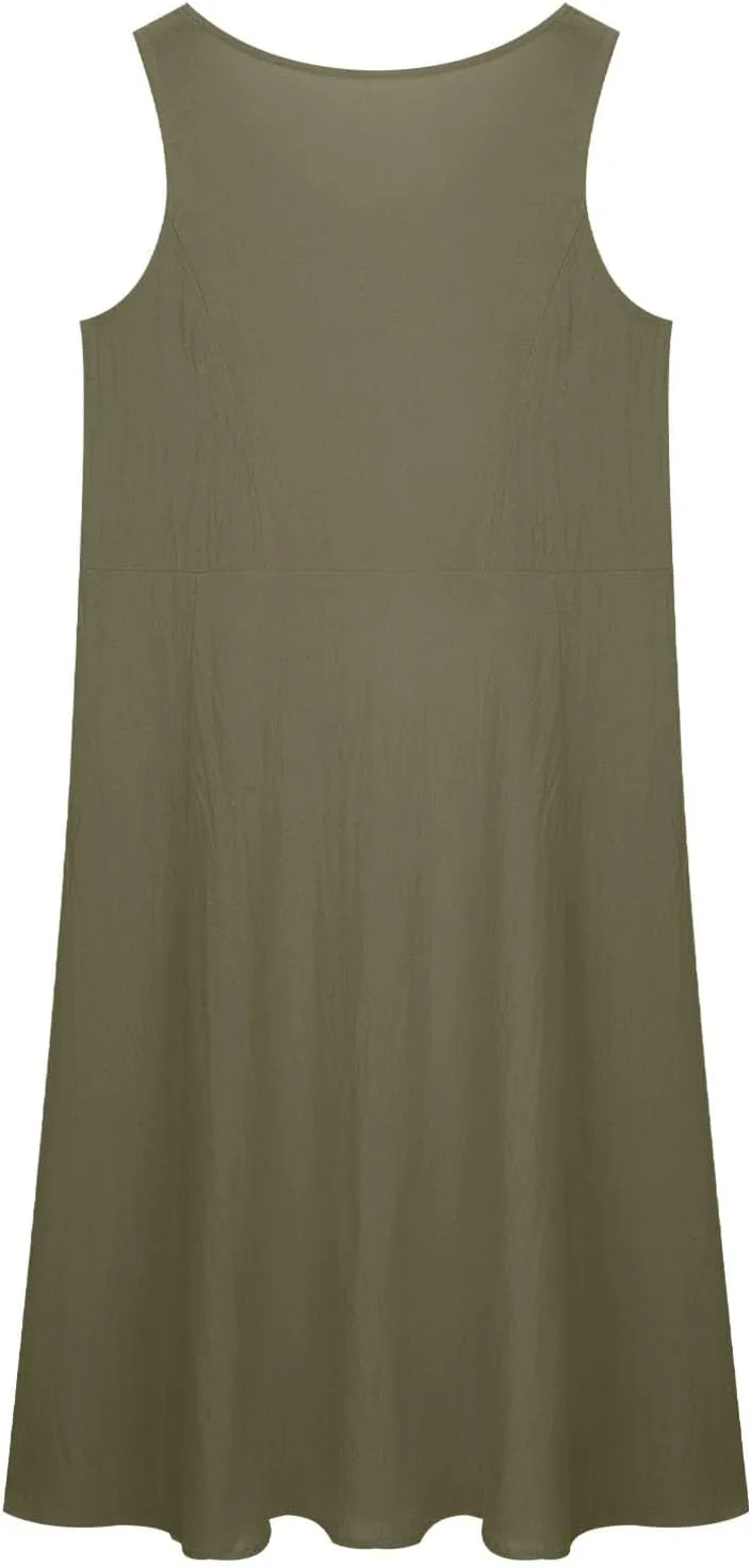 Girls Summer Linen Dress Casual Sleeveless Scoop Neck Elegant Flowy Maxi Dress Plus Size Loose Comfy Beach Sundress
