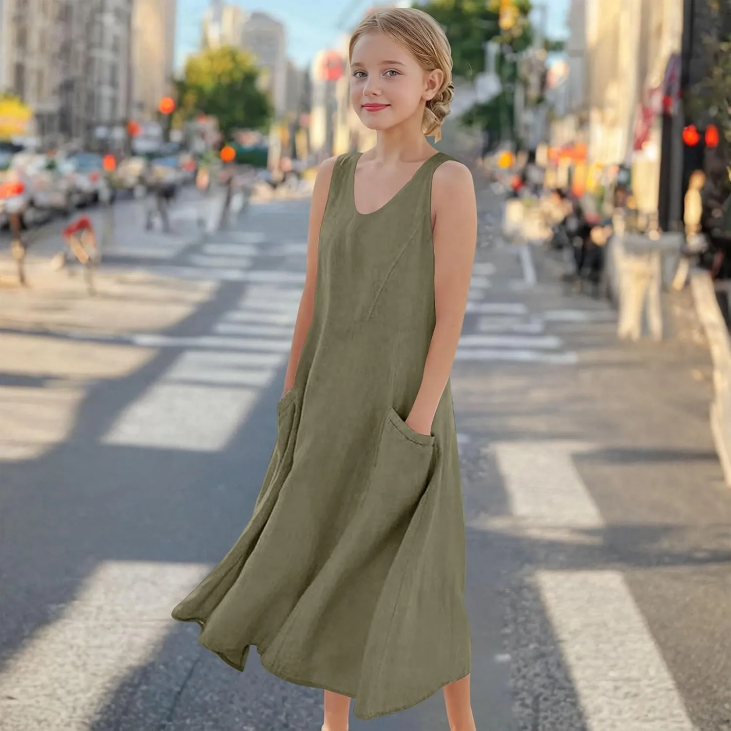 Girls Summer Linen Dress Casual Sleeveless Scoop Neck Elegant Flowy Maxi Dress Plus Size Loose Comfy Beach Sundress